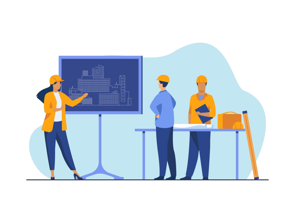 Female engineer standing near chalkboard explaining project. Draft, building, worker flat vector illustration. Construction and architecture